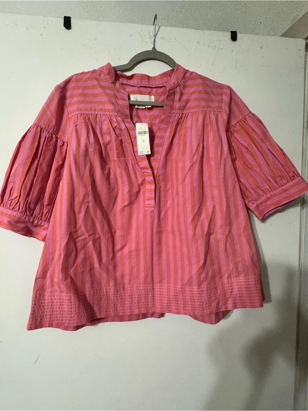 Anthropologie Women's Pink Striped Peasant Blouse - Casual Short Sleeve